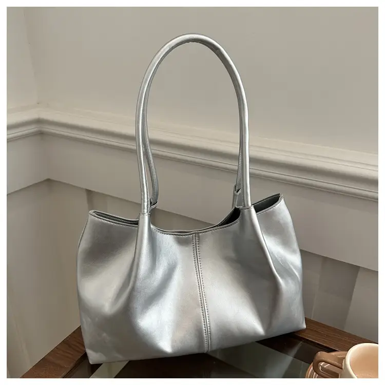 Silver Japanese Korean Niche Fashion Tote Bag Large Capacity Daily Commute Shoulder Bag — feature 12