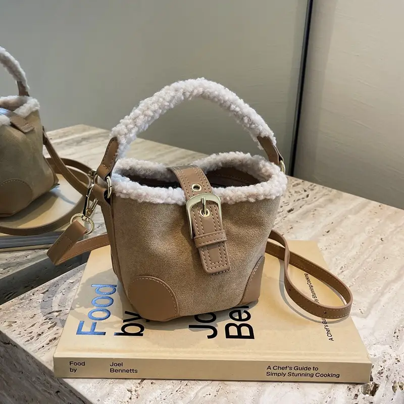 Lamb Wool Mini Bucket Bag Maillard Suede Vintage - Image 6