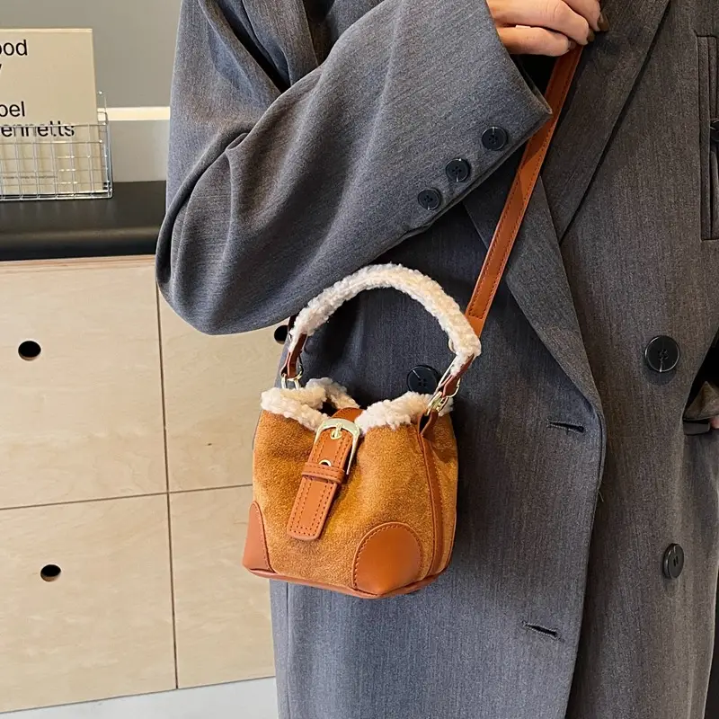 Lamb Wool Mini Bucket Bag Maillard Suede Vintage - Image 8