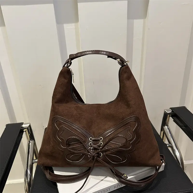 Suede Butterfly Shoulder Bag Black Large Capacity - Image 4