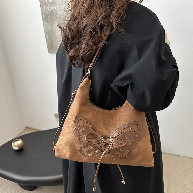 Suede Butterfly Shoulder Bag Black Large Capacity - Image 5