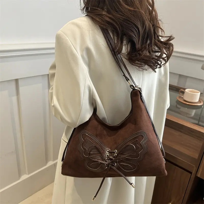 Suede Butterfly Shoulder Bag Black Large Capacity - Image 6