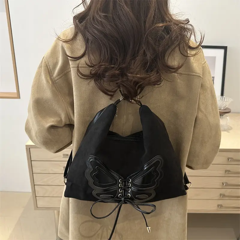 Suede Butterfly Shoulder Bag Black Large Capacity - Image 7