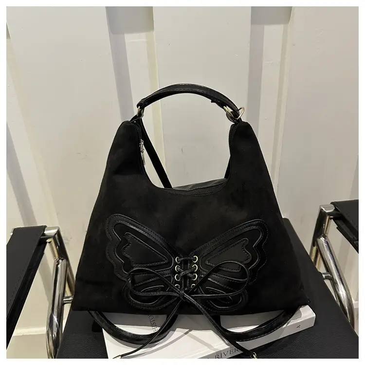 Suede Butterfly Shoulder Bag Black Large Capacity — feature 11
