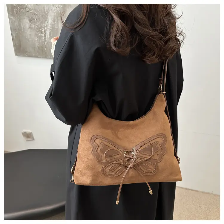 Suede Butterfly Shoulder Bag Black Large Capacity — feature 15