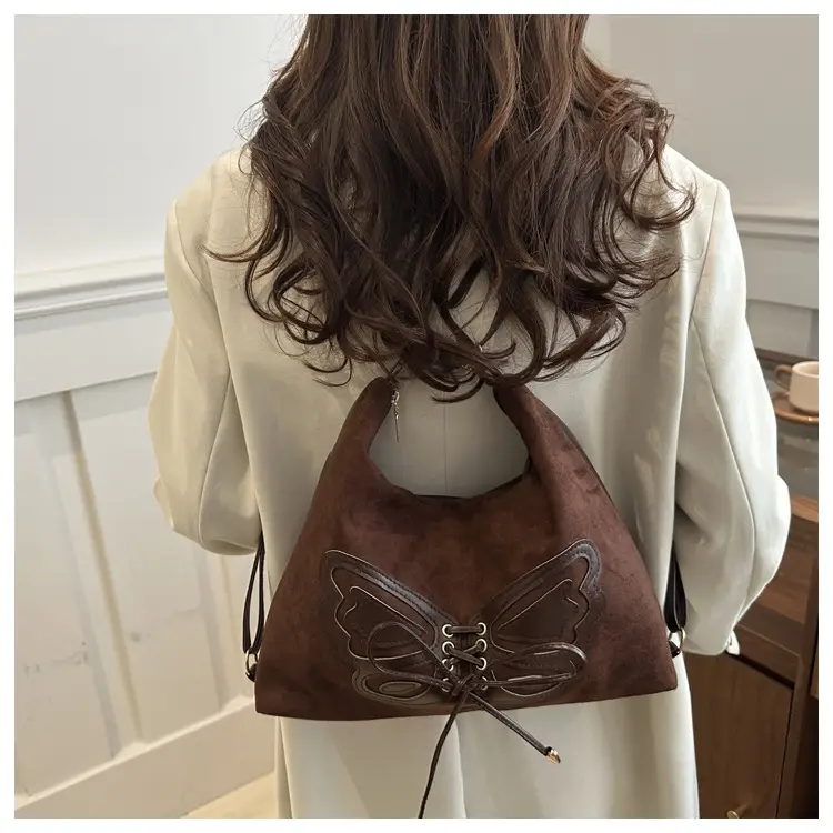 Suede Butterfly Shoulder Bag Black Large Capacity — feature 17