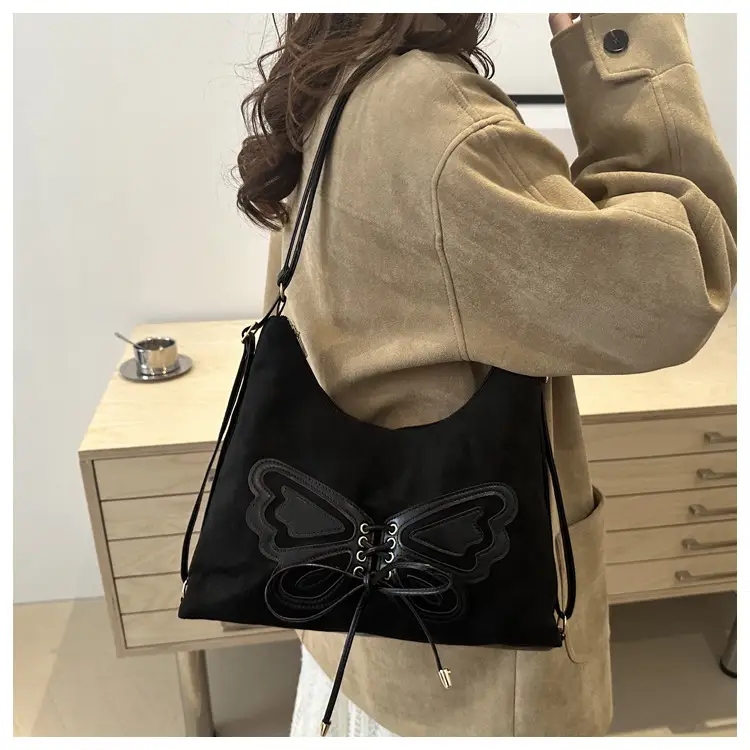 Suede Butterfly Shoulder Bag Black Large Capacity — feature 19