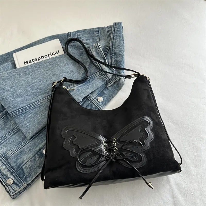 Suede Butterfly Shoulder Bag Black Large Capacity - Image 3