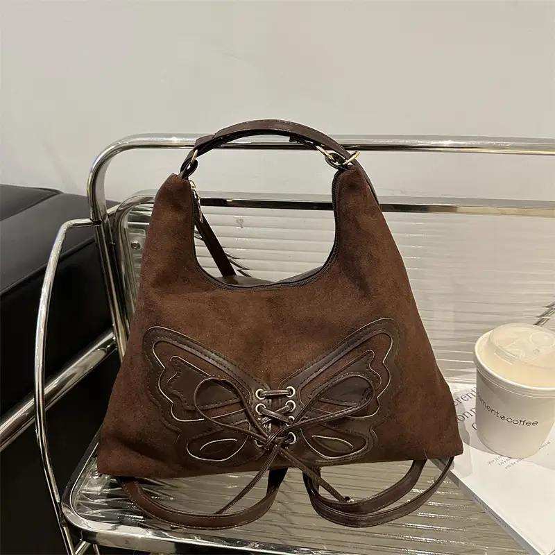 Women's Butterfly Embroidered Brown Tote Bag - Image 7
