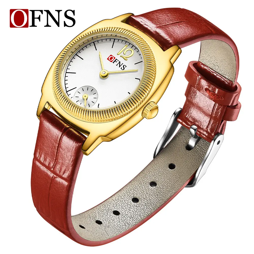 Oufani Women's Brown Leather Quartz Watch with Gold Dial - Image 2