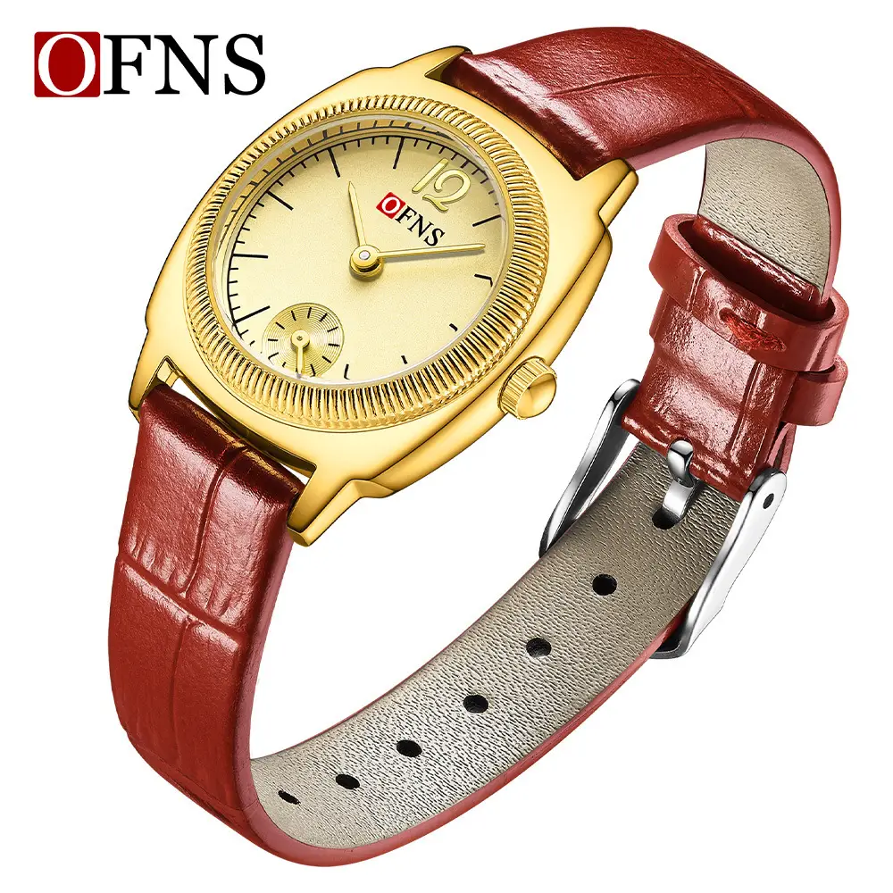 Oufani Women's Brown Leather Quartz Watch with Gold Dial - Image 3