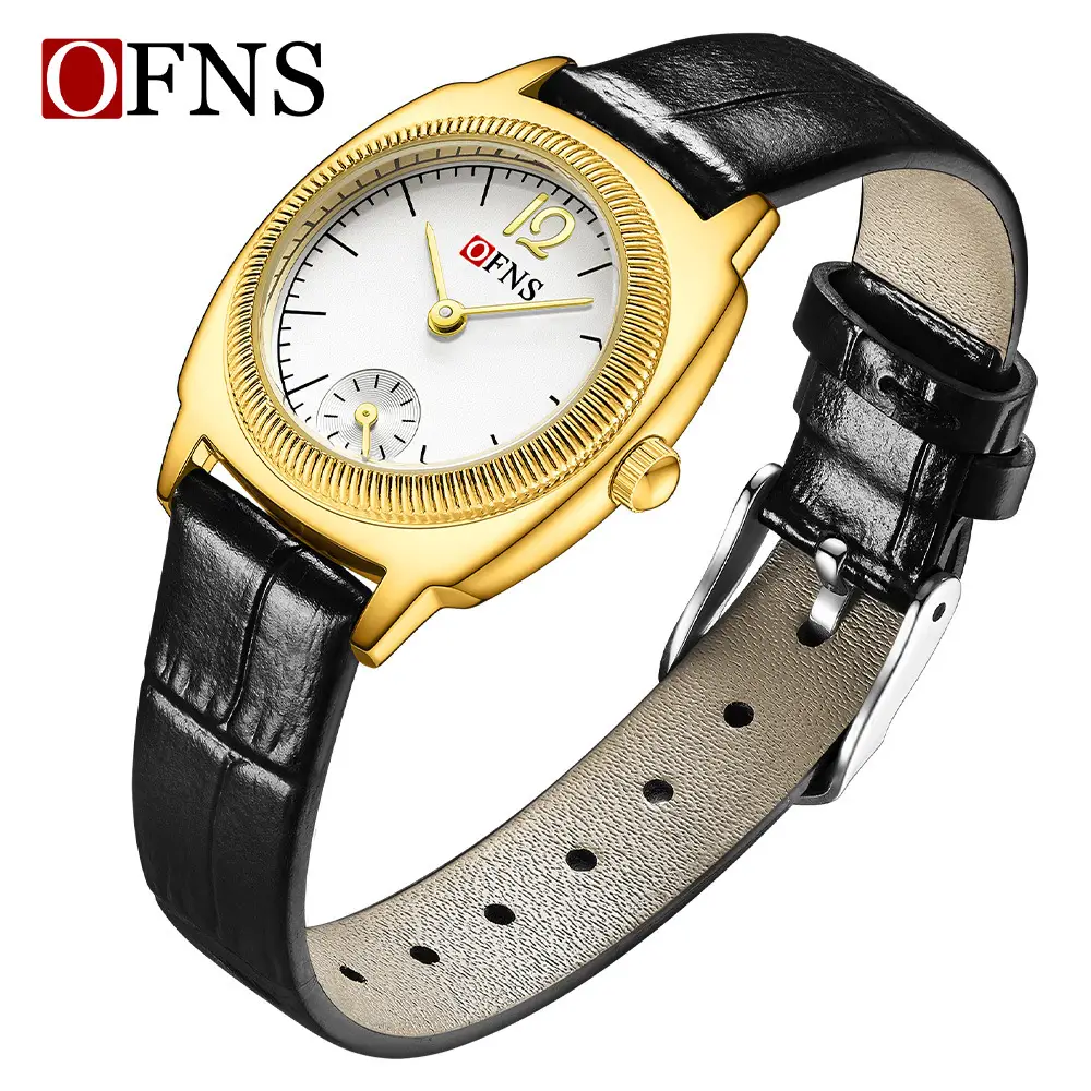 Oufani Women's Brown Leather Quartz Watch with Gold Dial - Image 4