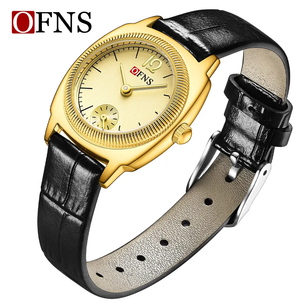 Oufani Women's Brown Leather Quartz Watch with Gold Dial - Image 6
