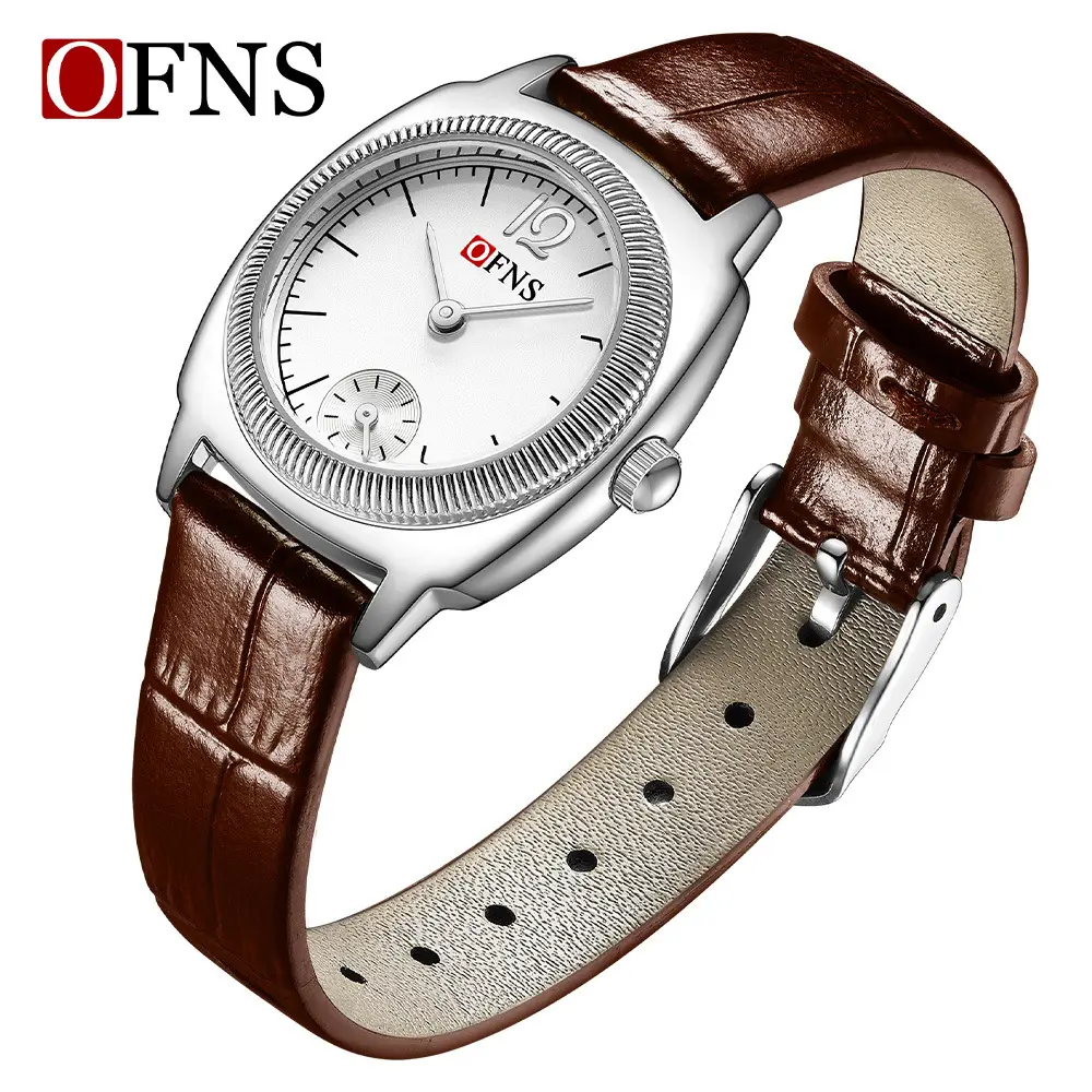 Oufani Women's Brown Leather Quartz Watch with Gold Dial - Image 7