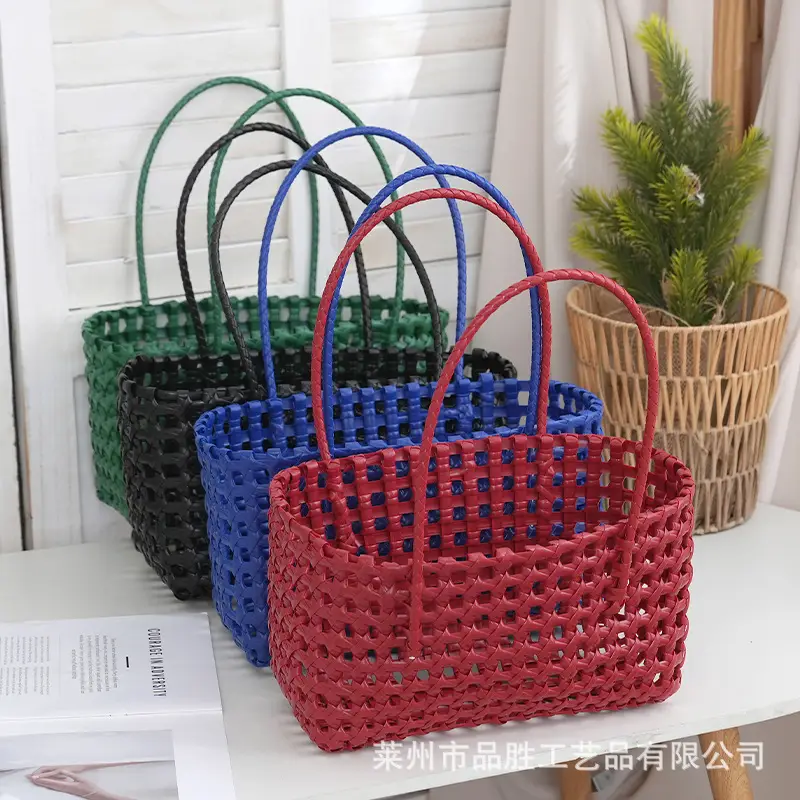 Green Handmade Hollow Plastic Beach Bag Small Food Basket
