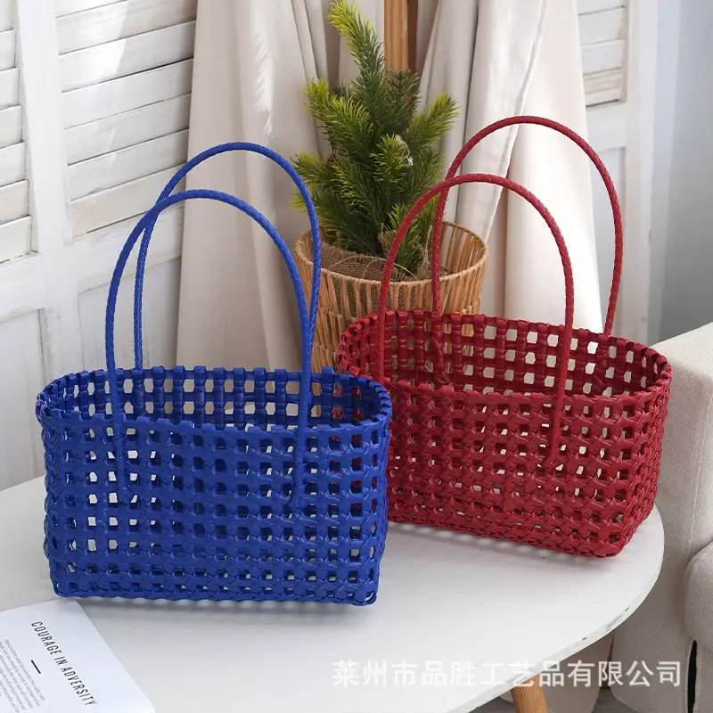 Green Handmade Hollow Plastic Beach Bag Small Food Basket