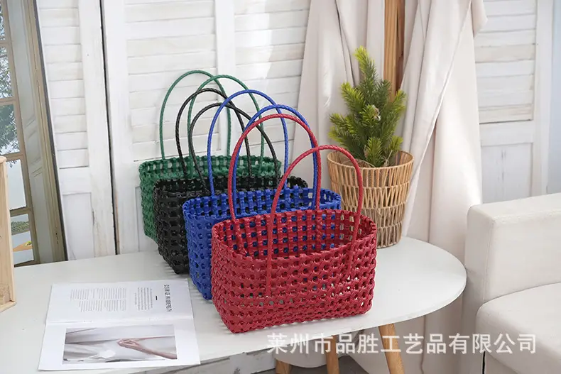 Green Handmade Hollow Plastic Beach Bag Small Food Basket — feature 11