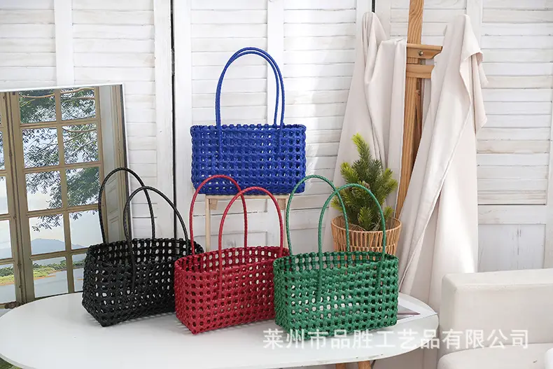 Green Handmade Hollow Plastic Beach Bag Small Food Basket — feature 13