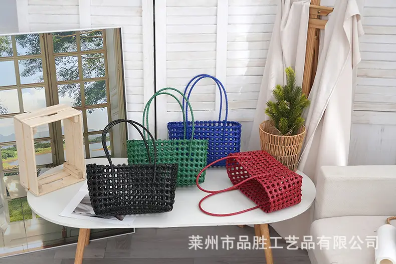 Green Handmade Hollow Plastic Beach Bag Small Food Basket — feature 15
