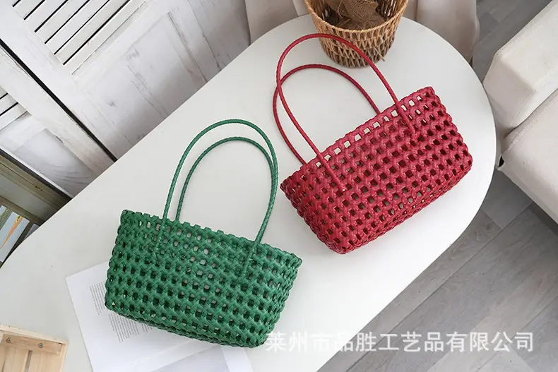 Green Handmade Hollow Plastic Beach Bag Small Food Basket — feature 16