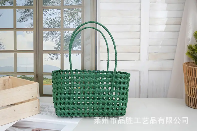 Green Handmade Hollow Plastic Beach Bag Small Food Basket — feature 17