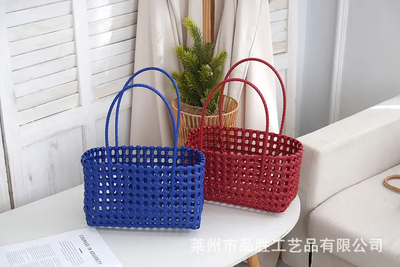 Green Handmade Hollow Plastic Beach Bag Small Food Basket — feature 9
