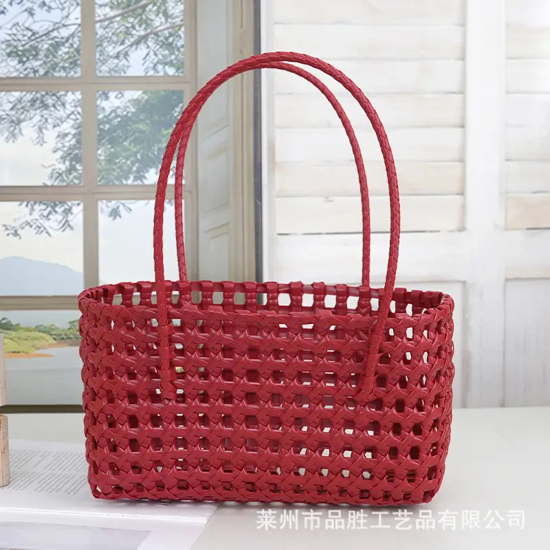 Green Handmade Hollow Plastic Beach Bag Small Food Basket