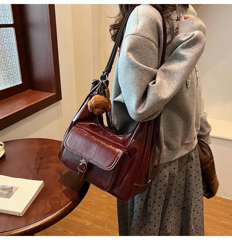 Women's Maroon Leather Shoulder Bag with Crossbody Strap — feature 39