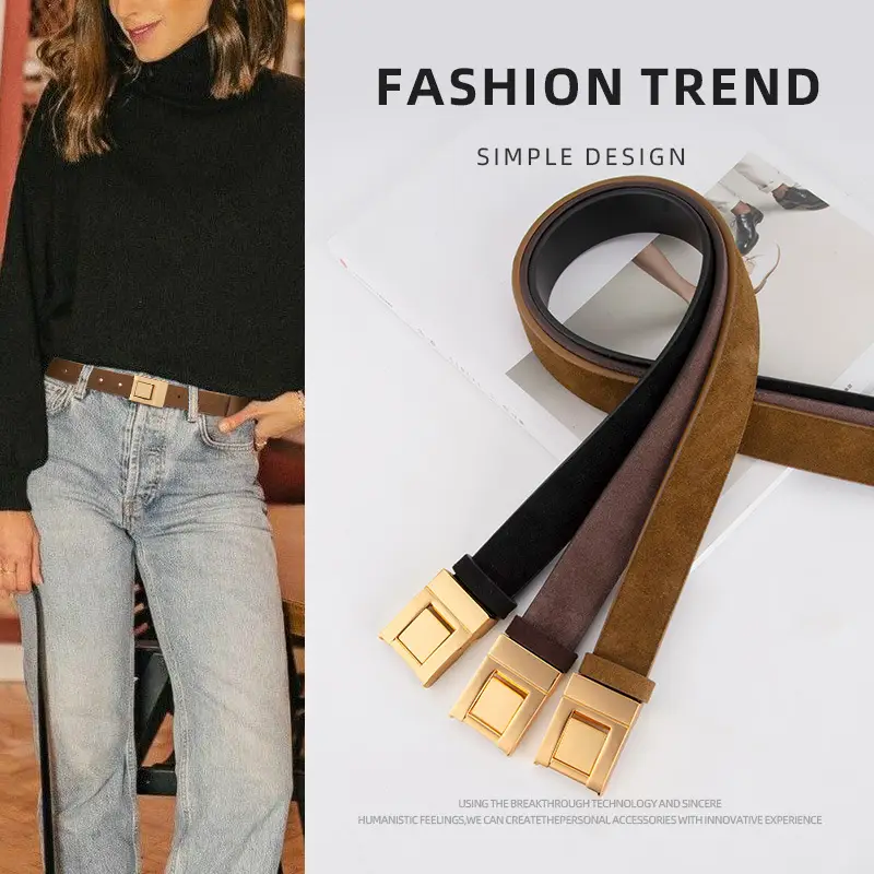 Women's Frosted Square Buckle Leather Belt Brown - Image 14