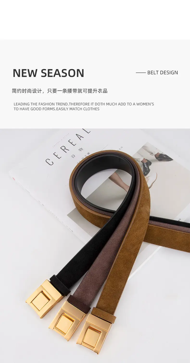 Women's Frosted Square Buckle Leather Belt Brown — feature 4