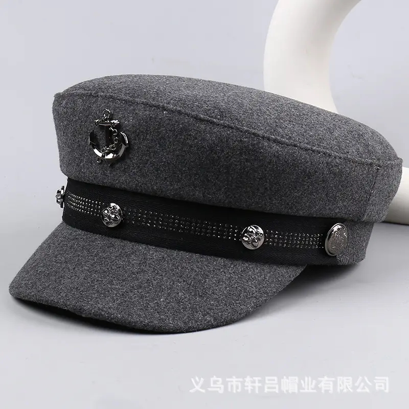 Women Winter Rivet Beret Cap Navy Gray Warm - Image 4