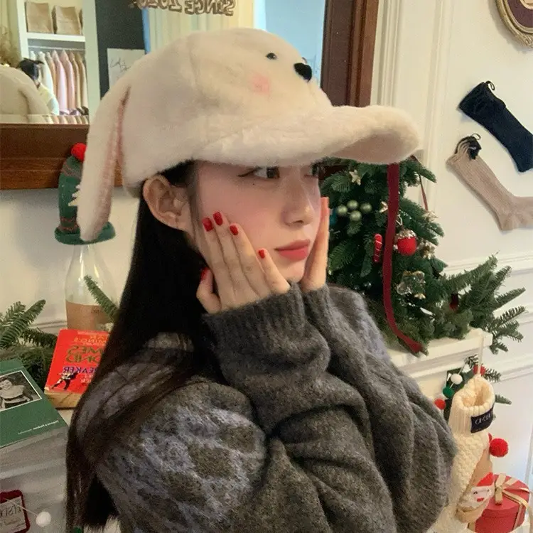 Women Woolly Rabbit Bow Cap Winter Warm Face - Image 3