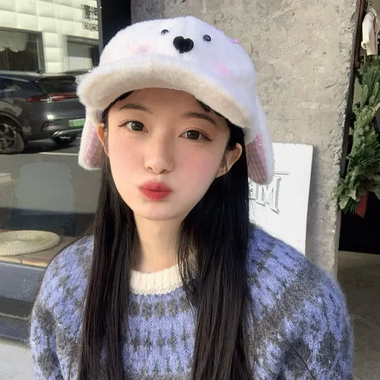 Women Woolly Rabbit Bow Cap Winter Warm Face - Image 4