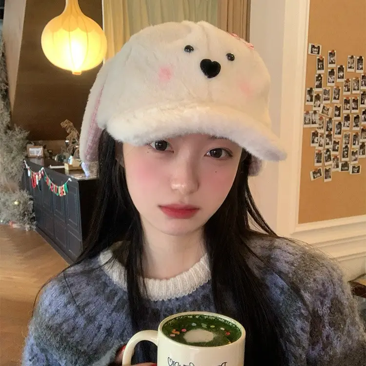 Women Woolly Rabbit Bow Cap Winter Warm Face - Image 5