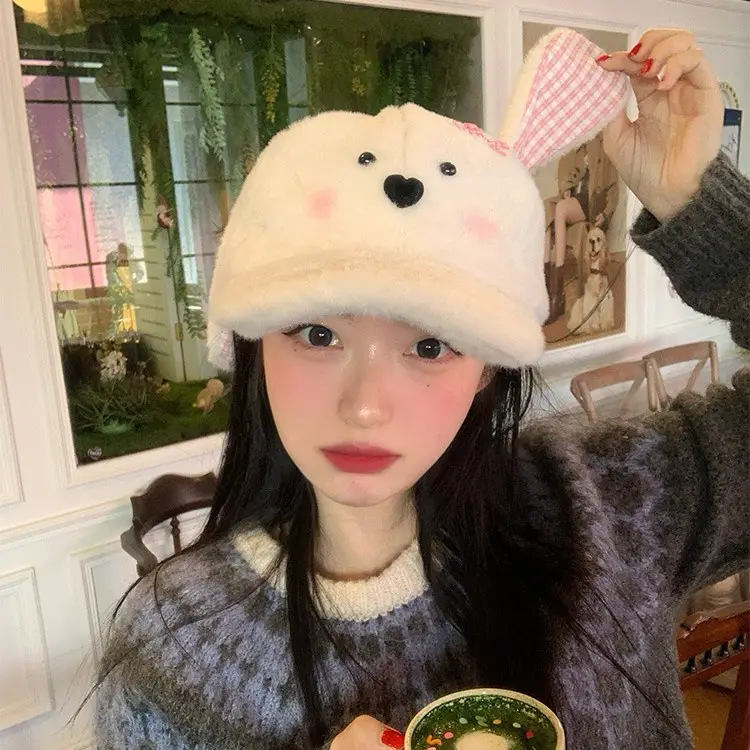 Women Woolly Rabbit Bow Cap Winter Warm Face - Image 6