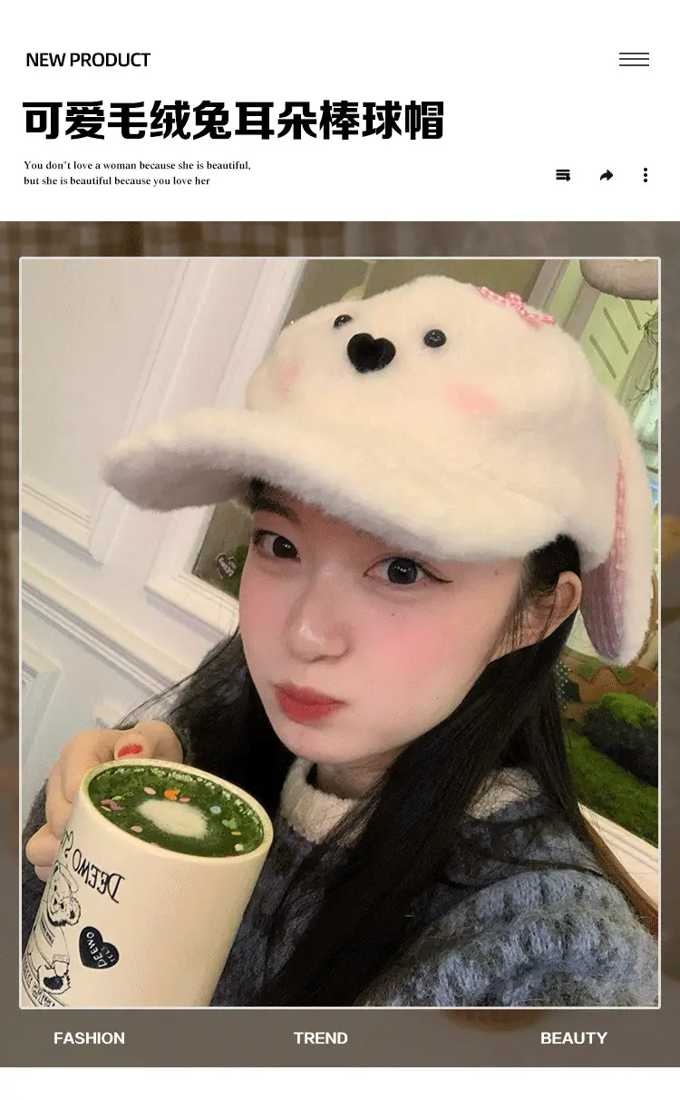 Women Woolly Rabbit Bow Cap Winter Warm Face — feature 3