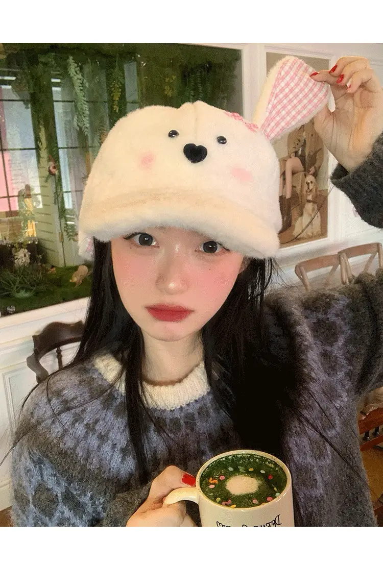 Women Woolly Rabbit Bow Cap Winter Warm Face — feature 6