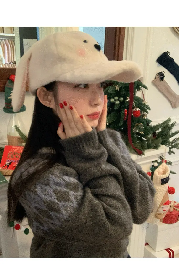 Women Woolly Rabbit Bow Cap Winter Warm Face — feature 7