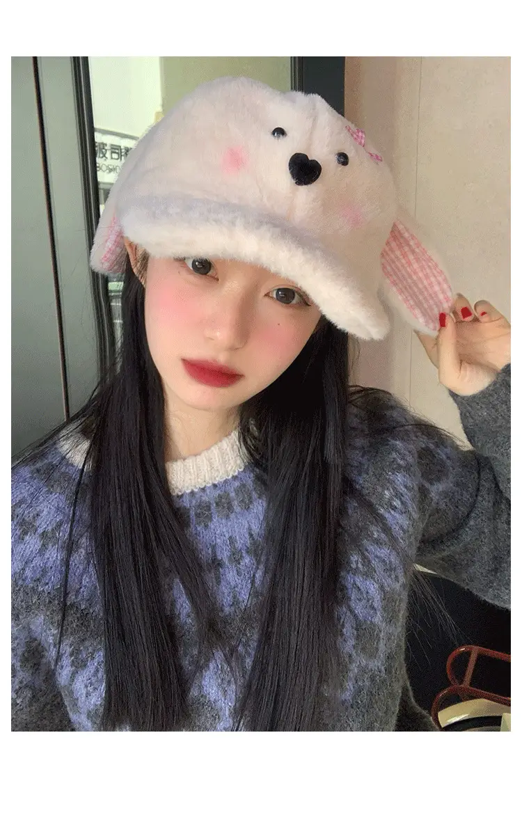 Women Woolly Rabbit Bow Cap Winter Warm Face — feature 8