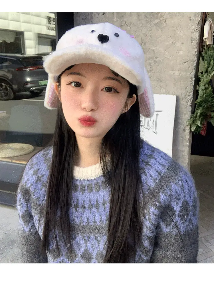 Women Woolly Rabbit Bow Cap Winter Warm Face — feature 9