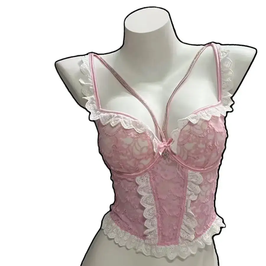 Pink Lace Camisole Bra with Fish Bone Back & Chest Pad
