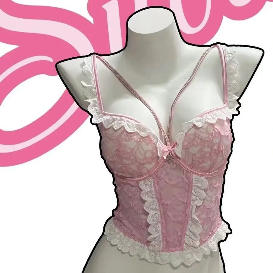 Pink Lace Camisole Bra with Fish Bone Back & Chest Pad — feature 7