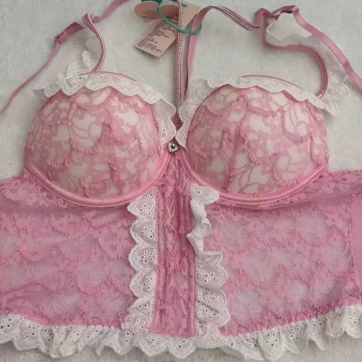 Pink Lace Camisole Bra with Fish Bone Back & Chest Pad — feature 9