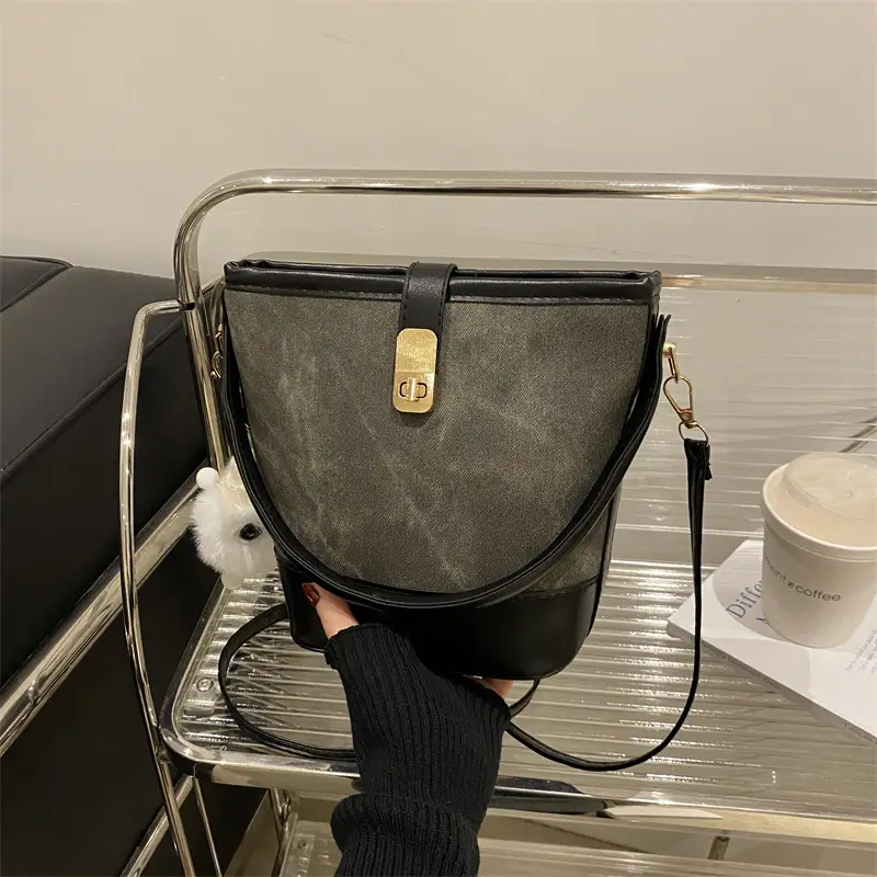 Vintage Blue Brown Bucket Bag for Women - Image 11