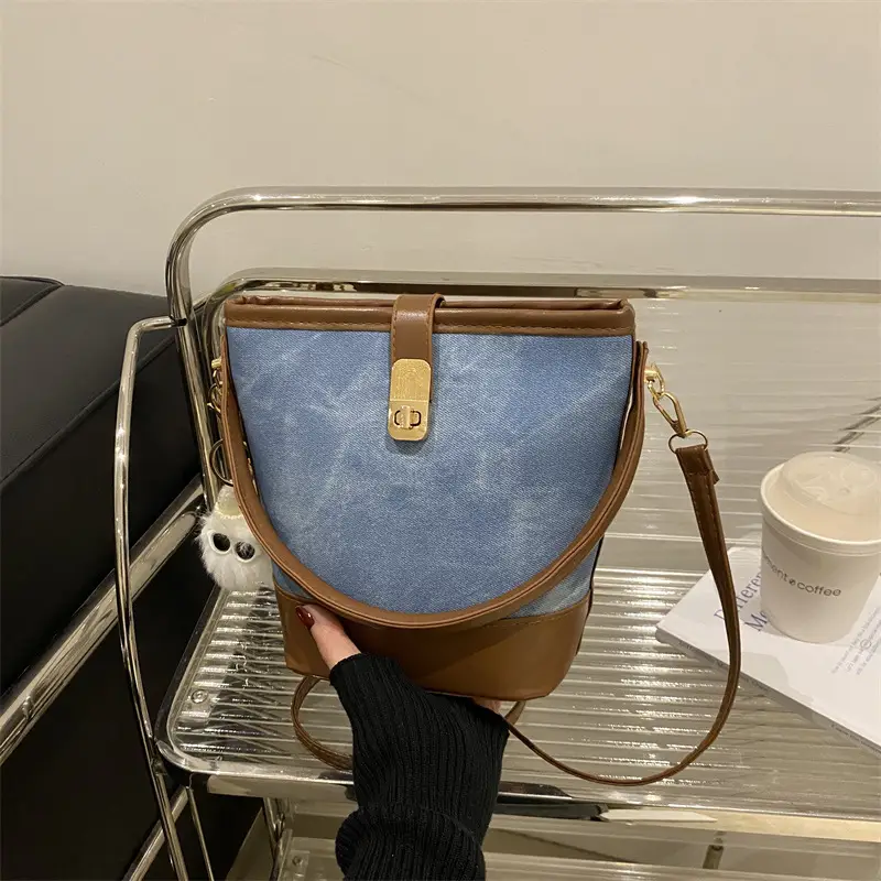 Vintage Blue Brown Bucket Bag for Women - Image 12