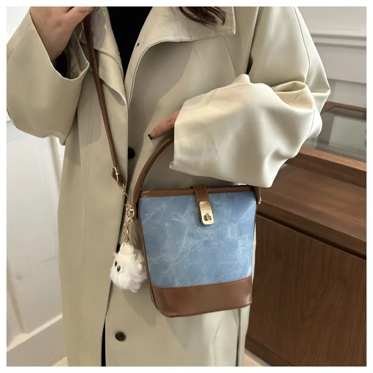 Vintage Blue Brown Bucket Bag for Women — feature 14
