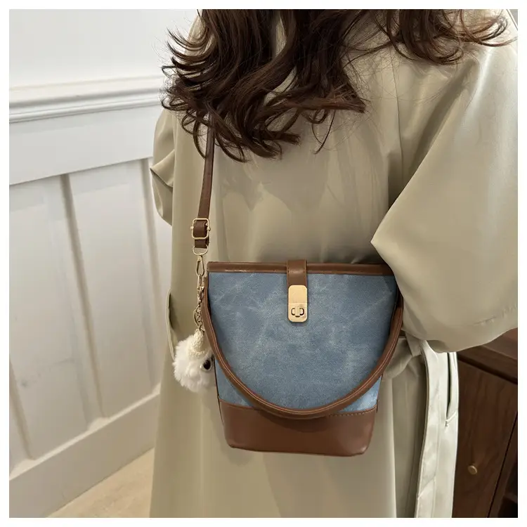 Vintage Blue Brown Bucket Bag for Women — feature 15