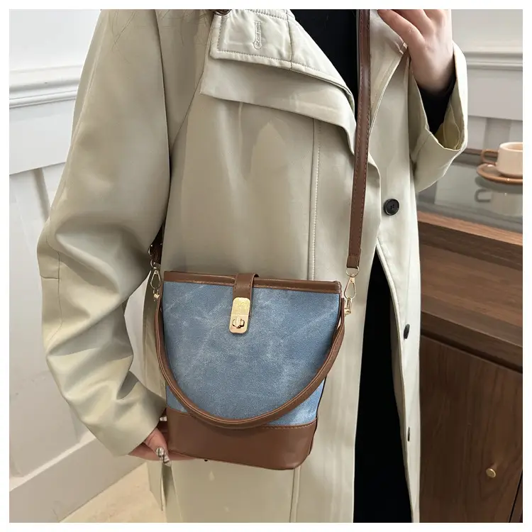 Vintage Blue Brown Bucket Bag for Women — feature 16
