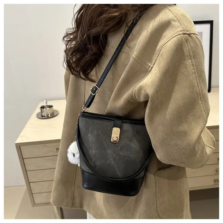 Vintage Blue Brown Bucket Bag for Women — feature 17