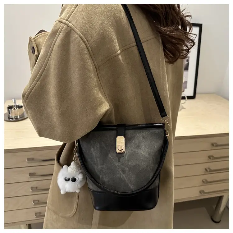 Vintage Blue Brown Bucket Bag for Women — feature 18